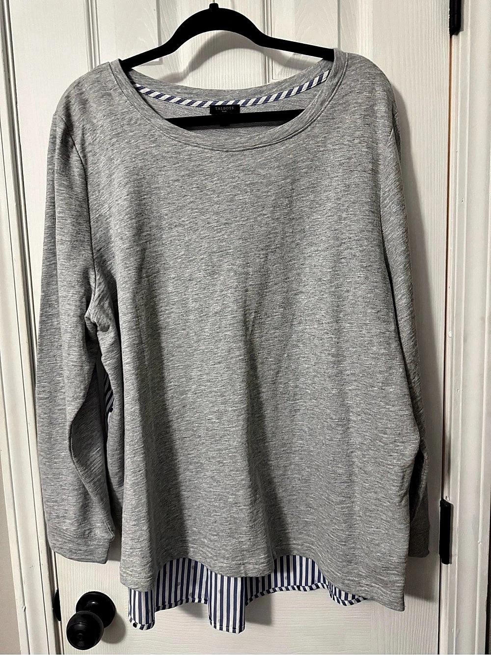 Talbots Mixed Media Stripe Back Sweatshirt Top Gray & Blue Size 2X